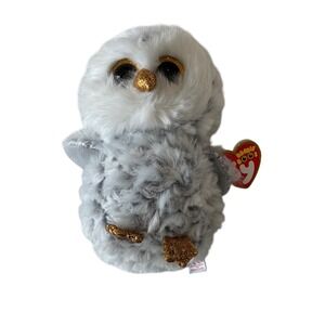 Ty Beanie Boos Owlette White Gray Owl Plush Gold Glitter Eyes 6 inch 2020 NWT